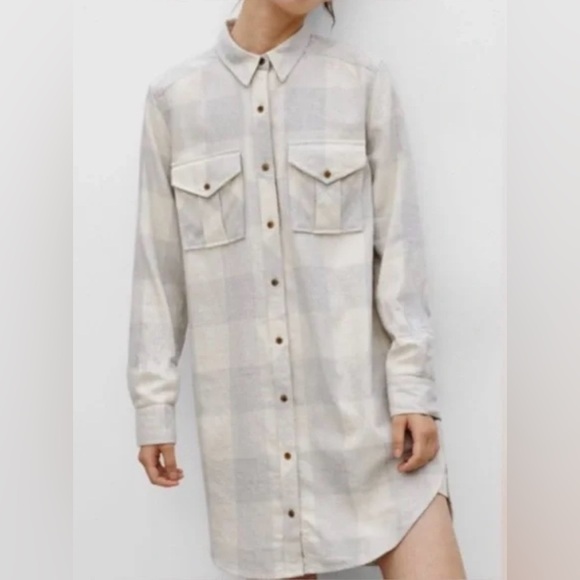 Aritzia Wilfred Free Cream Long Sleeve Cozy Flannel Dress 100% Cotton size Small - Picture 1 of 9